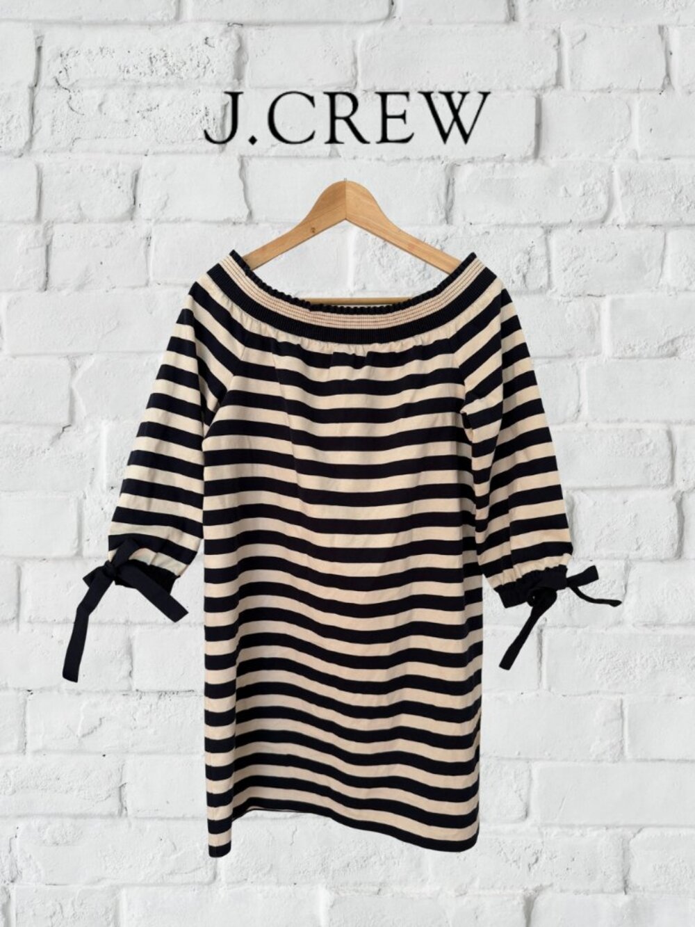 J.Crew Striped Off-Shoulder Tie-Sleeve Shift Dress | Navy Cream | Size S